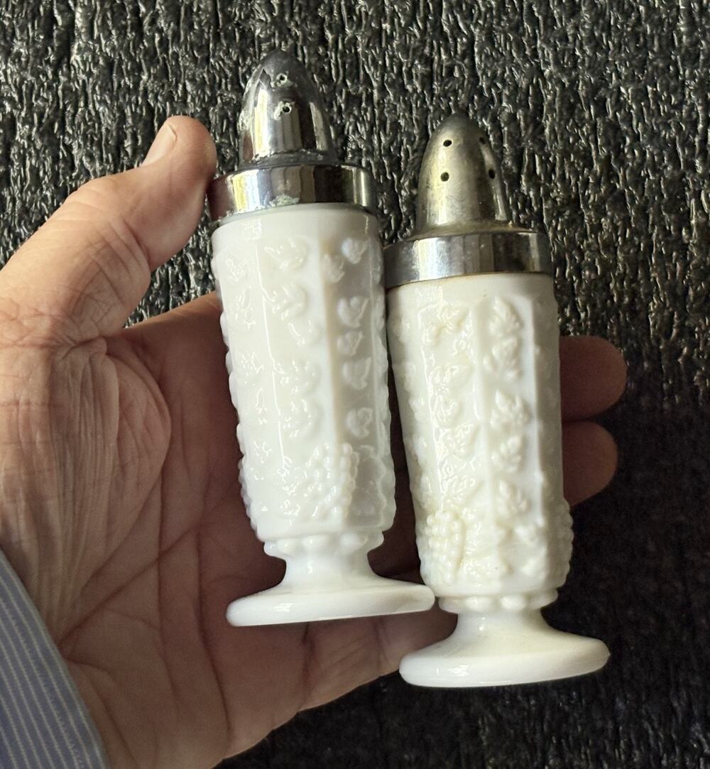 Westmorland Milk Glass Paneled Grape Salt and Pepper Shakers Two Pair WM307